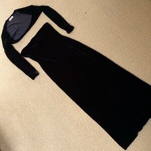Vintage BCBG Black Velvet Strapless Midi Gown with Long Sleeve Shrug